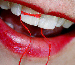 Free Macro White Teeth With Dental Floss and Red Lipstick Creative Commons